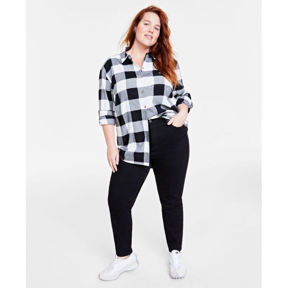 Plus Size Cotton Flannel Plaid Tunic Shirt
